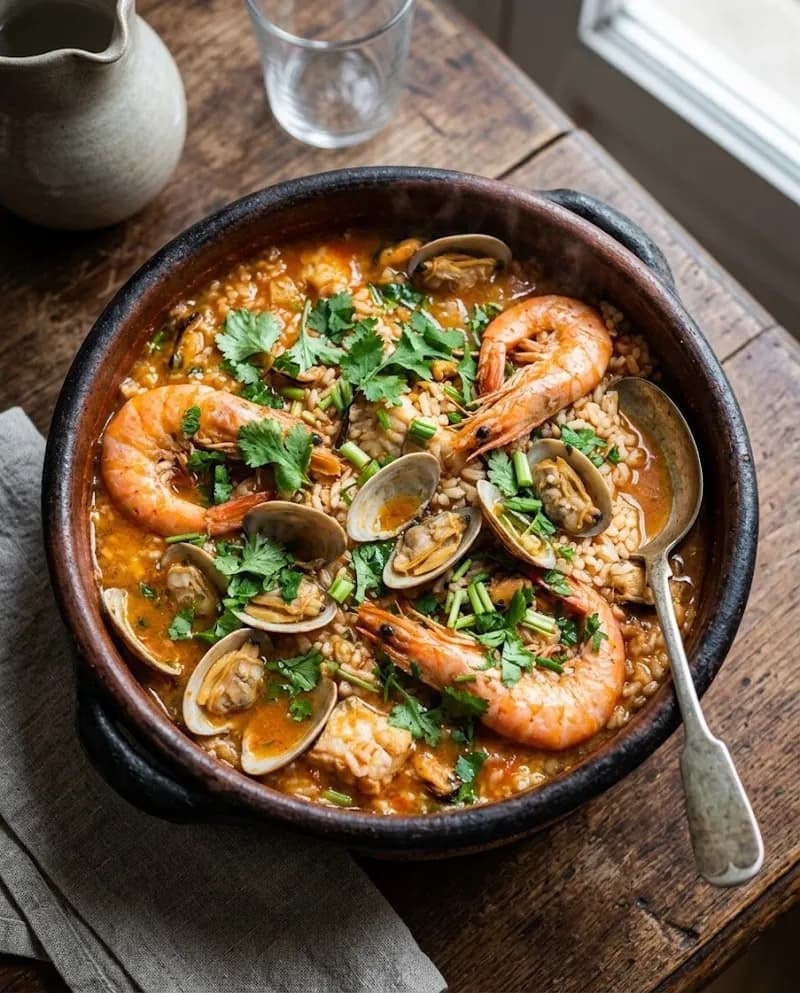 Arroz de marisco servido no tacho