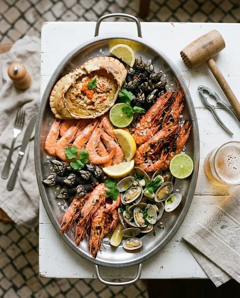 Travessa de marisco com sapateira, camarão e percebes